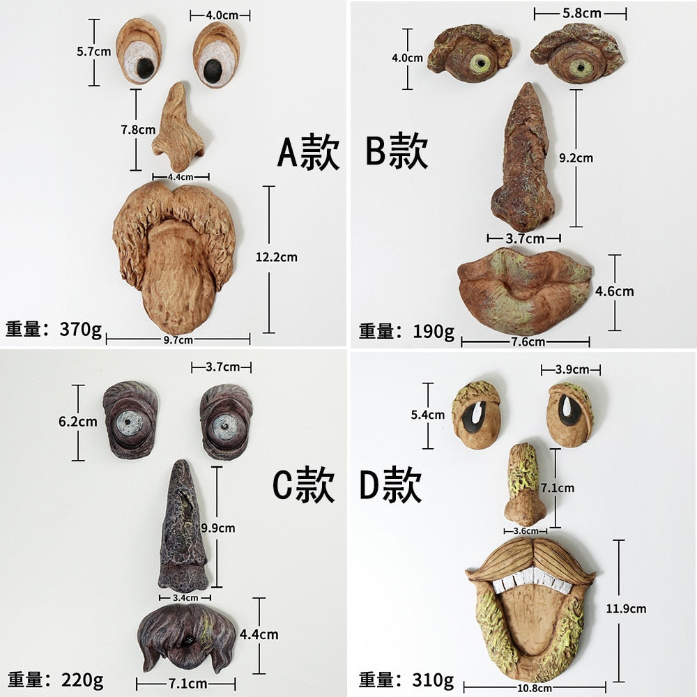 Gartenkunst, amüsante Skulptur mit altem Manngesicht, skurrile Baumgesicht